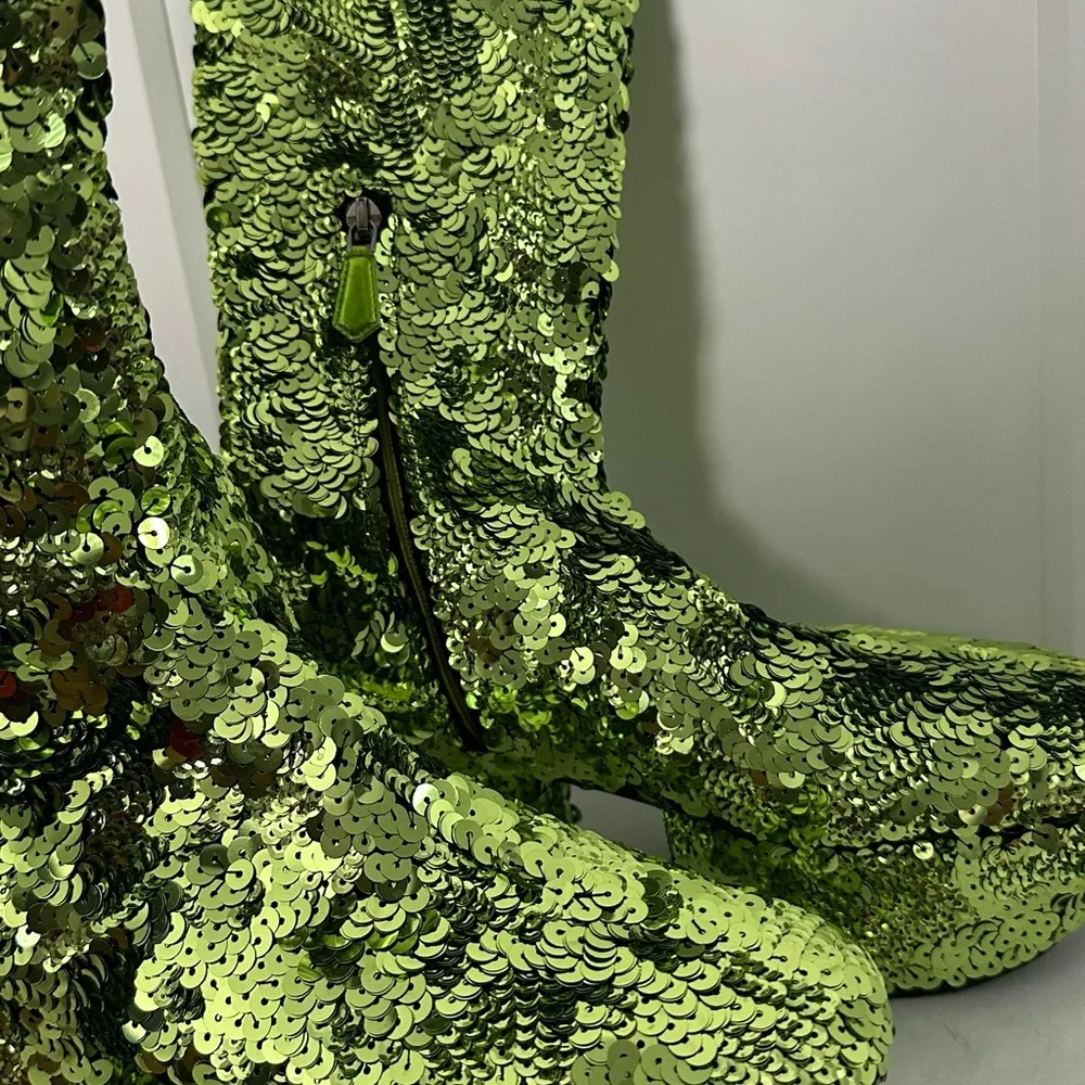 Prada Green Sequined Platform Boots - Picture 5 of 12